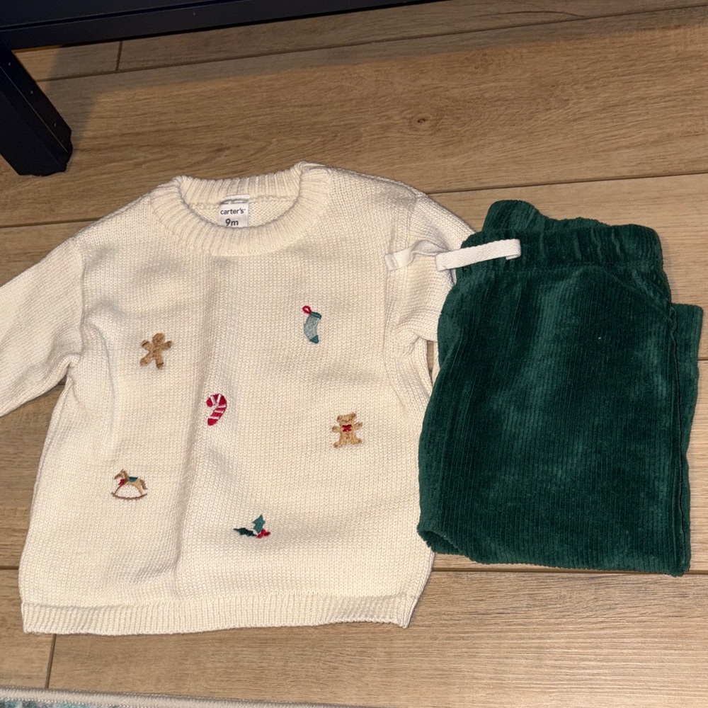 Carter's Cream Holiday Knit Sweater & Green Corduroy Pants Set - 9M